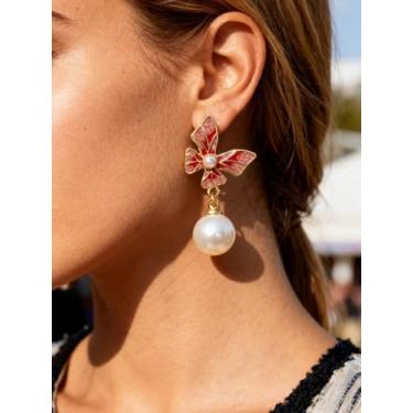 Imagem de Brincos femininos com pingente de borboleta e pérola, opção de 2 cores (azul claro/rosa) brincos fofos, joias modernas para o dia a dia e primavera, One Size, Metal Plástico, Sem pedra preciosa