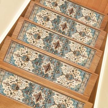 Imagem de Escadas antiderrapantes para degraus de madeira, 15 peças de tapetes de escada com adesivo traseiro, 20 x 76 cm, lavável e reutilizável, tapetes de segurança para crianças, idosos e cães