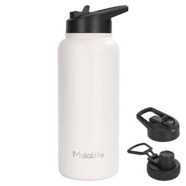 Imagem de Malalife Garrafa de água isolada de aço inoxidável, frasco grande, garrafa esportiva de boca larga a vácuo de parede dupla (mantenha frio 24H quente 12H) canudo e tampa de bico à prova de vazamento