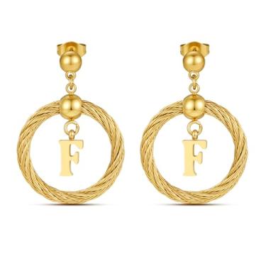 Imagem de Xiacheng Brincos de argola de ouro 18 quilates com inicial de aço inoxidável, hipoalergênicos, presentes modernos para mulheres, declaração delicada, pingente de letra A-Z, joia à prova d'água, Medium