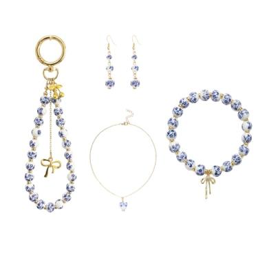 Imagem de VOLYAR Conjunto de joias com contas de porcelana azul e branca – pulseira, colar, brincos e chaveiro com pingente de bolsa para mulheres, irmãs, presente de amizade de aniversário, Natal
