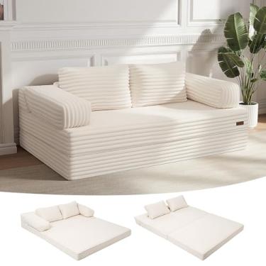 Imagem de MeMoreCool Sofá-cama conversível, sofá-cama queen dobrável, sofá-cama com travesseiros, sofá futon dobrável para quarto, sala de estar, espaço pequeno, veludo cotelê bege