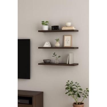 Imagem de Prateleira com Fixação Invisível 45x20cm MDF 15mm Madeira com Kit Instalação Prateleira Decorativa de Parede Minimalista 3 unidades
