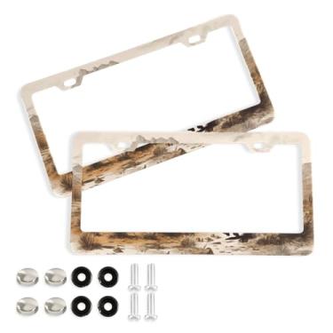 Imagem de Wassud Moldura de placa de carro de cavalo galopante com parafusos, 2 pacotes de molduras decorativas de etiqueta de carro de alumínio, acessórios universais de carro para mulheres e homens