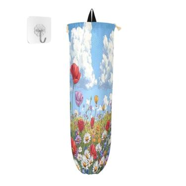 Imagem de xigua Suporte de parede para saco de plástico de flores silvestres coloridas com cordão, pacote com 2, organizador de sacolas de compras reutilizáveis para bolsas, meias, roupas íntimas e gravatas