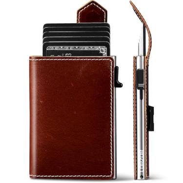 Imagem de LORZOR Carteira masculina fina com trava de segurança, porta-cartões de metal pop-up, carteiras duplas de couro de flor integral, inteligente, minimalista, bloqueio RFID, bolso frontal, janela para