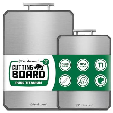 Imagem de Freshware Tábua de corte de titânio para cozinha, conjunto de 2, tábuas de corte de dupla face, titânio puro/PP, tábua de cortar com sulcos de suco, pode ser lavada na lava-louças, média 30,7 cm por