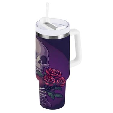 Imagem de STAYTOP Copo de caveira de coração vermelho de 1,134 g com tampa e canudo, copo isolado de aço inoxidável durável à prova de vazamento com alça, garrafas de água à prova de derramamento para viagens