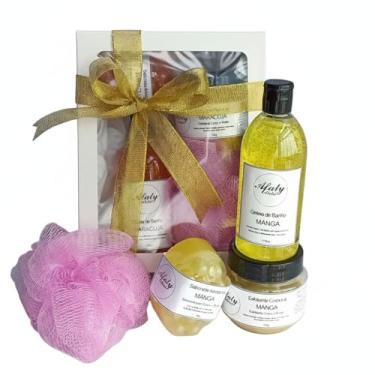 Imagem de Kit Presente: Geleia de Banho 170ml + Esfoliante Corporal 130g + Sabonete Hidratante 80g + Esponja + Caixa com Laço | Manga