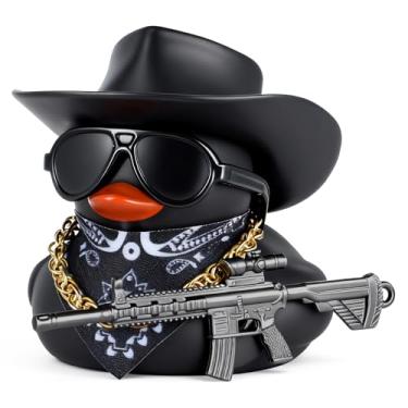 Imagem de BOZILY Black Cowboy Cool Rubber Duck Car Dashboard Decor com chapéu, óculos de sol, bandana, colar, modelo de arma e fitas adesivas - para acessórios de carro