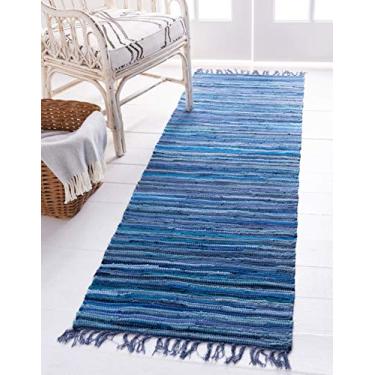 Imagem de Unique Loom Chindi Cotton Collection Tapete listrado de fibra natural tecido à mão macio, 60 cm x 180 cm, azul marinho/marfim
