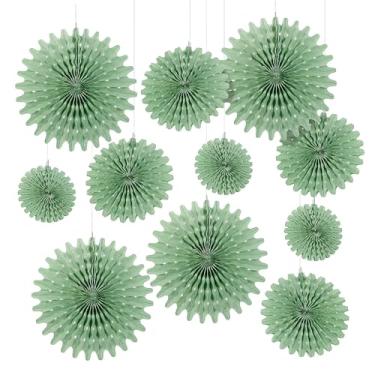 Imagem de Fun Express Ventiladores de papel de seda pendurados verde sálvia - 12 peças