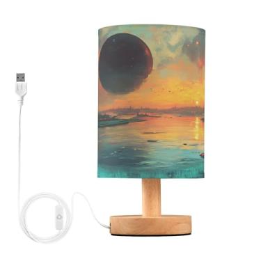 Imagem de Joisal Luminária de mesa de cabeceira pequena com paisagem de fantasia, luzes de mesa com porta USB, luminária lateral de mesa, pequenas lâmpadas decorativas