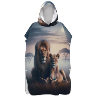 Imagem de Joisal Poncho de surfe para trocador adulto toalha de banho com capuz plus size unissex adulto poncho com capuz animal africano leão casal
