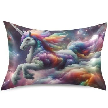 Imagem de Capas de almofada de cetim com nebulosa de unicórnio arco-íris para resfriamento de cabelo, estampa artística padrão King Queen, tamanho Queen, 76 cm x 50 cm