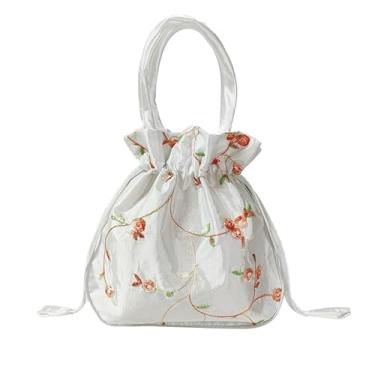 Imagem de 1 bolsa de mão bordada floral elegante com design de cordão, bolsa balde chique com forro de poliéster, perfeita para moedas e telefone, linda bolsa - branca