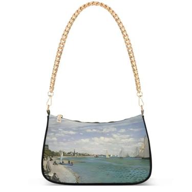 Imagem de Bolsa feminina com pintura Regatta Claude Monet Hobo Party Clutch feminina moderna com corrente sobre ombro, Pintura Regatta Claude Monet