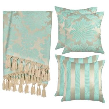 Imagem de Kit Manta para Sofá Jacquard 1.8x1.4m + 4 Capas de Almofada 45x45cm - Conjunto Protetor e Decorativo com Franjas Artesanais(Dourado e Turquesa 212)
