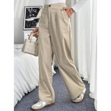 Imagem de Calça feminina de veludo cotelê bege de perna larga - Calças casuais de cintura alta, Bege, Large