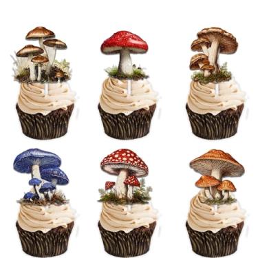 Imagem de 18 peças de enfeite de cupcake de cogumelo com glitter Cheer to Wild Woodland Tema de plantas para chá de bebê para decoração de festa para meninos e meninas, conjunto de suprimentos de decoração de