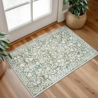 Imagem de SILOLOOM Tapete de entrada vintage interno, tapete lavável verde sálvia 5 x 7 cm, tapete de área pequena, tapetes antiderrapantes, tapete de cozinha com estampa de lã sintética macia para porta da