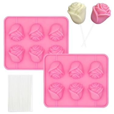 Imagem de Moldes de silicone 3D rosa pirulito de 6 cavidades com palitos moldes de chocolate rosa para dia dos namorados dia das mães decoração de cupcake gelatina sabão