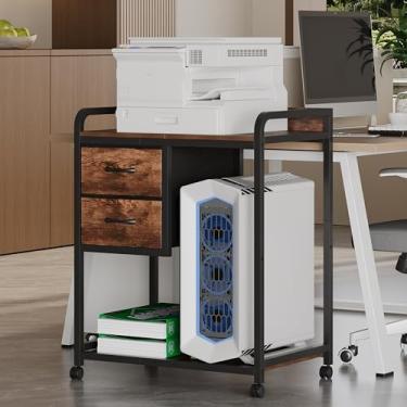 Imagem de Unionly Suporte grande para impressora com 2 gavetas de tecido, mesa de impressora móvel com rodas e compartimento para torre de computador para armazenamento e organização de escritório doméstico