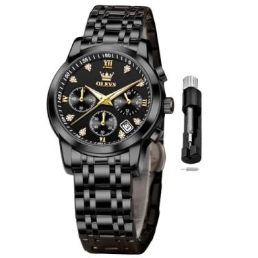 Imagem de OLEVS Relógio feminino multifuncional em dois tons, moderno, analógico, quartzo, feminino, aço inoxidável, à prova d'água, diamante, para mulheres, relógio todo preto 2858, relógio feminino