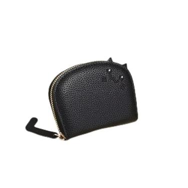 Imagem de Carteira feminina pequena de couro sintético, porta-cartões de crédito resistente à água, aparência de gato fofo, Preto, Tendência