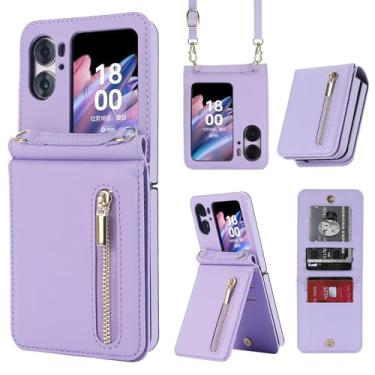 Imagem de Capa carteira flip Oppo Find N2, bolso com zíper com compartimentos para cartões, cordão e suporte, estilo fólio fino com recortes precisos e fecho magnético para uso diário e viagens (Roxo)