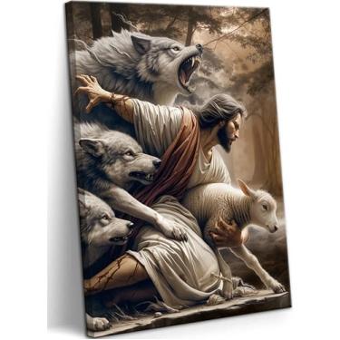 Imagem de Jesus and Lamb Canvas Wall Art Jesus Saves the Lost Sheep Christian Wall Decor Painting Shepherd Protect a Lamb from Wolves Picture Poster Print Art for Living Room Church Decor 30 x 40 cm