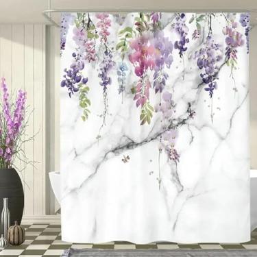 Imagem de Cortina de chuveiro de flor de glicínia roxa mármore branco flor malva elegância rústica natureza planta tela impermeável 51x63in-130x160 cm/LxA cortina de chuveiro de tecido