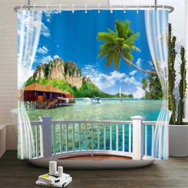 Imagem de Cortina de chuveiro de verão à beira-mar com vista para a praia cortina de banheiro de tecido cortina de banheiro decoração de banheiro gancho impermeável 118 x 220 cm/LxA cortina de chuveiro de