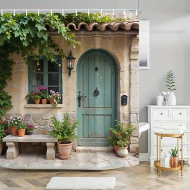 Imagem de Cortina de chuveiro rústica encantadora, porta turquesa envelhecida, tecido de poliéster impermeável, cortina de banheiro com ganchos 71 x 79 pol. - 180 x 200 cm/L x A