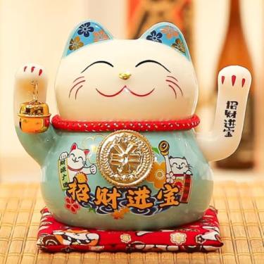 Imagem de FENNYYAR Mascote Maneki Neko azul claro com sino de mão de cerâmica, 15,5 cm 15,2 cm, presente de decoração de ano novo para casa