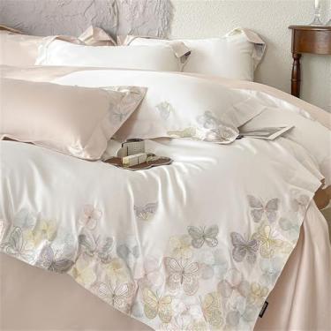 Imagem de Jogo de cama de algodão com bordado de borboletas e flores, tamanho casal, queen e king, capa de edredom e lençol, cor 1, tamanho king (220x240cm), 4 peças.