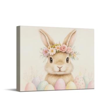 Imagem de CYFDYVT Coelhinho de coroa floral com ovos de Páscoa, estampas de ilustração de coelho da primavera, cena de decoração de parede de berçário pastel, decorações de casa com tema de Páscoa, arte em tela