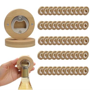Imagem de Abridor de garrafas magnético, 55 peças, abridor de cerveja redondo de madeira de 6,5 cm, abridores de adesivos de geladeira de cerveja, porta-copos para amantes de cerveja, casamento, cozinha, bar