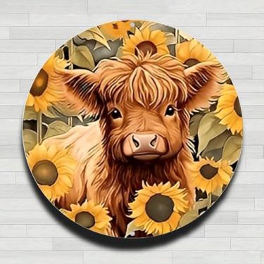 Imagem de Placa de parede redonda de metal rústico vintage de vaca fofa entre girassóis, 20 cm, presentes e decoração para casa, escritório, café e quintal