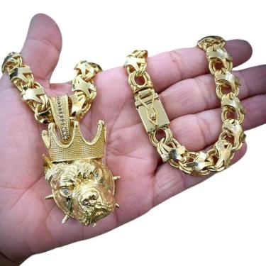 Imagem de Cordão 13Mm Friso X + Pingente Pitbull Rei - Banhado A Ouro
