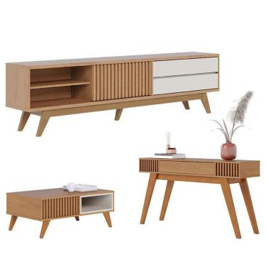 Imagem de Rack Bancada Veneza Com Mesa De Centro Jeri Freijó Off White Matte E Aparador Riviera Freijó - Colibri