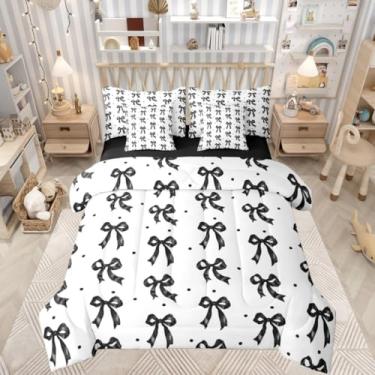 Imagem de Castle Fairy Jogo de cama casal com estampa de bolinhas e laço preto, 7 peças, moderno para decoração de quarto de meninas, preto e branco, 2 camas macias em uma bolsa com edredom, lençóis, fronhas