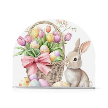 Imagem de Coelho de Páscoa fofo com ovos e cesta floral porta-guardanapos para mesa dispensador de guardanapos de férias decorativos suportes de guardanapo de coquetel de acrílico suporte de guardanapo vertical