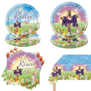 Imagem de Dulousia Utensílios de mesa para festa He is Risen - 62 peças de pratos de papel de coelho floral, guardanapos, artigos de mesa descartáveis para festa religiosa de coelho para Páscoa, chá de bebê