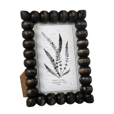 Imagem de EDZZEL Porta-retrato de bobina de madeira envelhecida feita à mão, 10 x 15 cm, moldura rústica com contas pretas – Exibição de mesa decorativa vintage para decoração de casa de fazenda