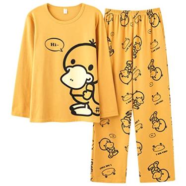 Imagem de HHHJQFAAT Pijama feminino outono inverno manga comprida impressão desenho animado roupa de dormir (amarelo 3X)