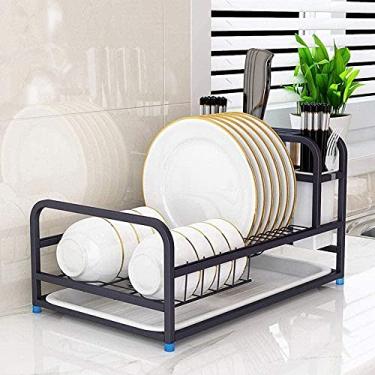 Imagem de U5GAAALPPQ9 Escorredor de pratos 304 de aço inoxidável prateleira de cozinha suporte de talheres bandeja de drenagem de cozinha rack de drenagem (cor: preto)