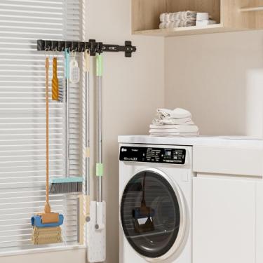 Imagem de PrimZooty Suporte de vassoura com 9 ganchos deslizantes ajustáveis, vassoura deslizante multifuncional e organizador de esfregão ganchos de organização de garagem, para lavanderia de armário - 41 cm