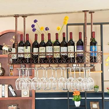 Imagem de Suporte de taça de vinho para pendurar em ferro forjado vintage, 30-60 cm, altura ajustável, suporte de garrafa de vinho de camada dupla