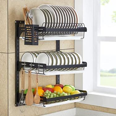 Imagem de Escorredor de pratos de aço inoxidável de 3 camadas de cozinha montado na parede prateleira multifuncional de grande capacidade com altura ajustável, com tubo de pauzinhos/rack de tábua de corte (cor